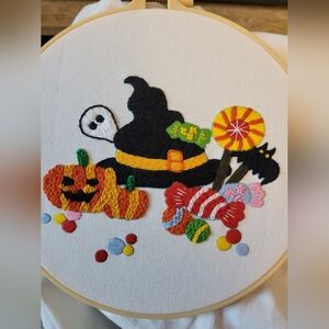 Halloween Embroidered Wall Art with Witch Hat and Pumpkin